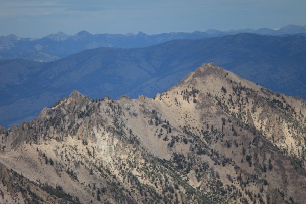 A prominant ridge northeast from the summit.  Stanley and the Sawtooh Valley are blocked from view.
