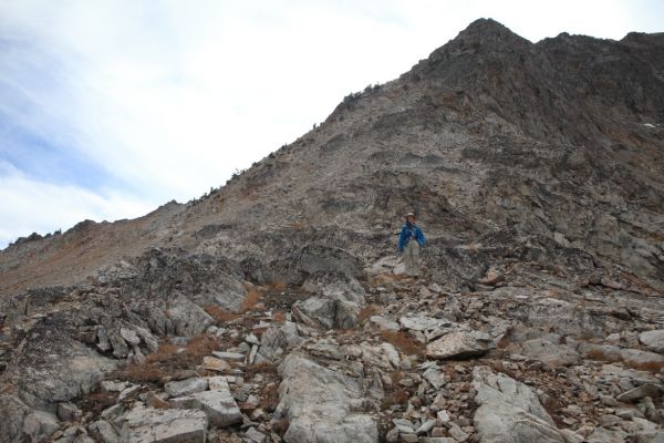 Descending the lower East Ridge of Snowyside Peak.
