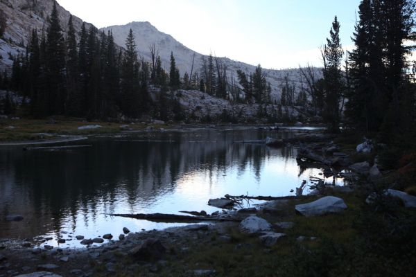 Tarn in shadow below lake 8779 north of Toxaway/Alice Lakes pass.
