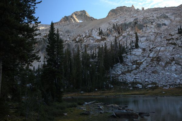 Snowyside Peak rising above tarn north of Toxaway/Alice Lakes pass.
