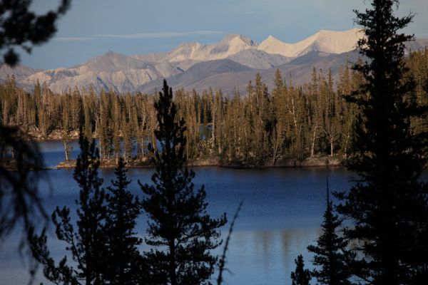 The White Clouds and D. O. Lee Peak rise above Toxaway Lake to the east.
