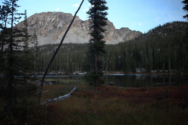 Moon rising over unnamed lake northeast of Bowknot Lake.
