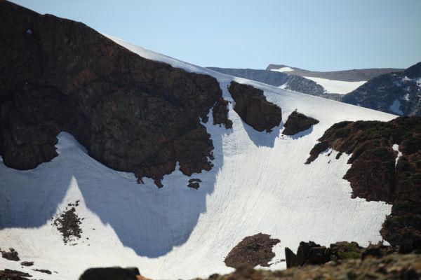 A cornice high on the eastern side of the crest south of Summit Lake.
