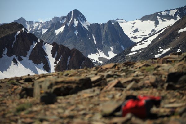 Northwest from saddle on Summit Lake Trail before meeting Green Lake Trail.  Virginia Peak is most prominent.  Whorl Mountain is on the left skyline.  Matterhorn Peak (and the Sawtooth Ridge extending NW from it) stacks up behind and left of Virginia Peak.
