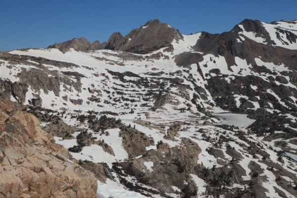 Shepherd Crest (left of center skyline) and Sky Pilot Col (just right of center skyline) to the north; below are Cascade and Steelhead Lake.  Virginia Canyon, our destination lies north of Sky Pilot Col.
