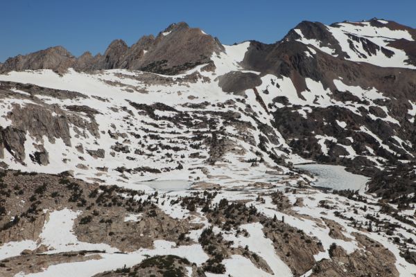 Cascade Lake and Steelhead Lake past the east ridge of North Peak, below Sky Pilot Col.
