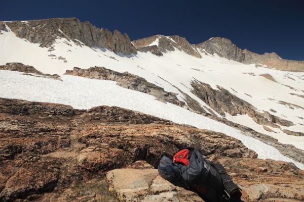 Descending, already well below 11300'  on the north side of the east ridge.  The summit of Mount Conness on right skyline.
