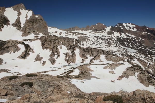 The Conness Lakes in foreground.  The next obstacle will be crossing the east ridge of North Peak, before climbing to Sky Pilot Col.
