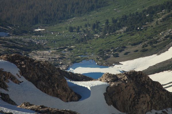 Shepherd Lake, our destination, lies about 1.25 miles distant in a hanging valley, high above the south side of Virginia Canyon.  It is now 7:21 pm.
