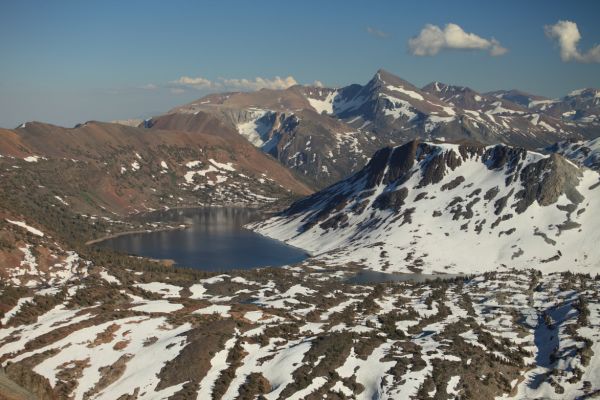 The view from Sky Pilot Col across Saddlebag Lake to Mount Dana rising above Tioga Pass to the southeast.
