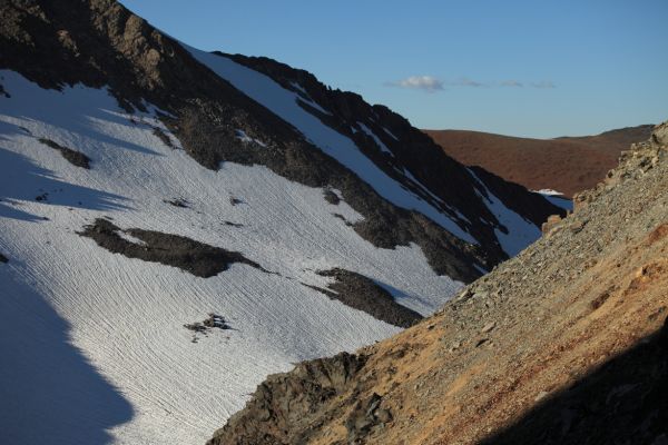 The first part of the descent involved a short section of steep talus before getting to the snow.
