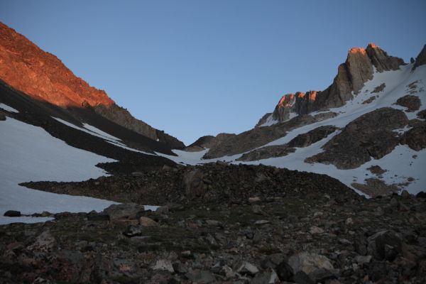 Just above Shepherd Lake, losing the light at 9:10 pm.  The descent has been on steep snowfields for the most part, and the Professor is getting a crash course on negotiating this kind of terrain with a heavy pack.
