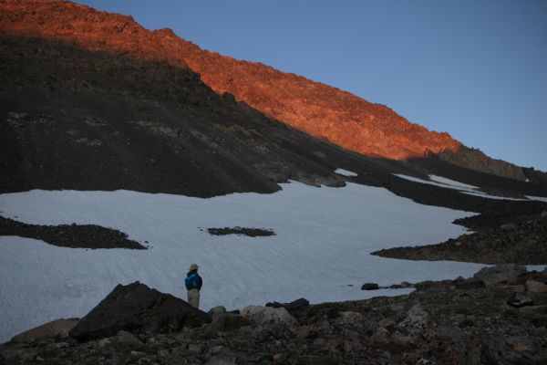 The Professor reflects on a long day in the waning alpenglow.  The difficult sections of the hike are behind us.
