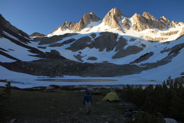 Sunlight hits Shepherd Crest.  It is already almost 9 am, and the warming sunlight has not reached our camp tucked under the north side of the Crest.  We got to bed late, but are glad to be north of Sky Pilot Col.
