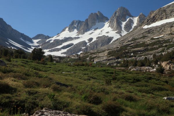 Looking back at Shepherd Crest as we descend into Virginia Canyon to find the Summit Lake Trail.  The low gap on the skyline is the north side of Sky Pilot Col.
