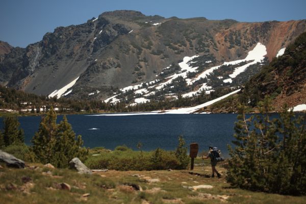 Camiaca Peak rises above Summit Lake.  The hiker is a ranger we met near the confluence of Virginia and Matterhorn Canyons six days ago on our way in.
