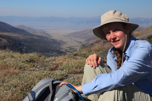 The Professor takes it easy on Leatherman Pass, 4.1 miles from the trailhead and camp.  Lemhi Range rises in the distance.
