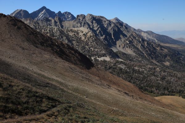 The view toward Borah Peak from Leatherman Pass.  Trail visible in lower part of photo.
