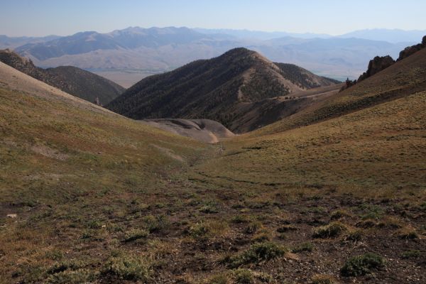 The trail heads down from Leatherman Pass to Sawmill Gulch on the southwest side of the Lost River Range.
