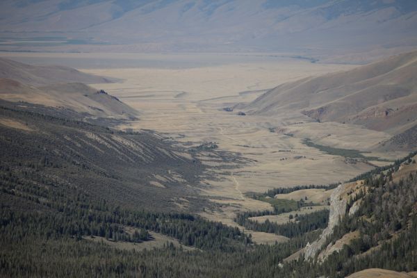 Looking down the West Fork Pahsimeroi River, past the confluence with the East Fork (lower third of frame on right), into Pahsimeroi Valley from Leatherman Pass.
