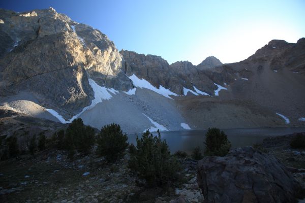 Cirque walls above Pass Lake in last sunlight.
