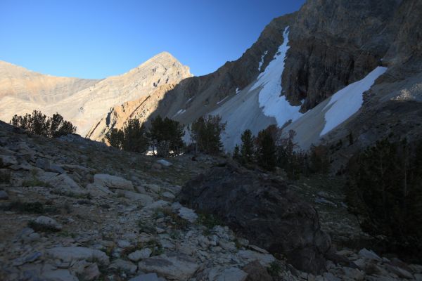 From the shaded Pass Lake cirque, the west ridge of Leatherman Peak catches the sunlight.
