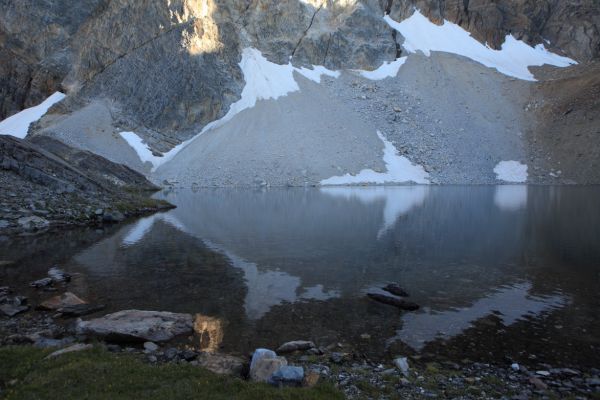 Snow patch reflections, Pass Lake.
