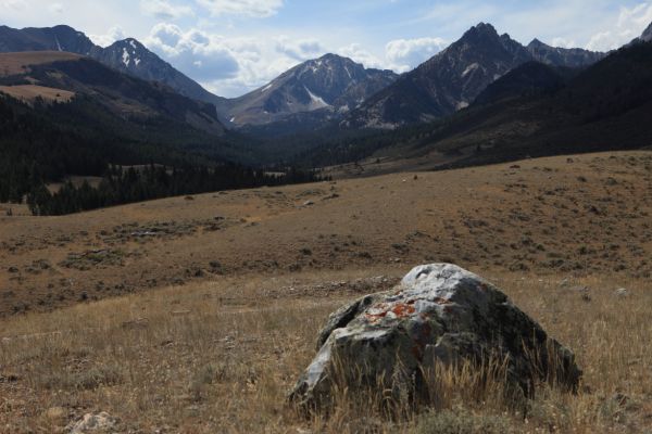 Leatherman Peak and Leatherman Pass on left from upper Pahsimeroi Valley.
