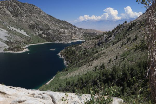 Beyond the trailhead at Lake Sabrina is Bishop in the Owens Valley and the White Mountains in the distance.
