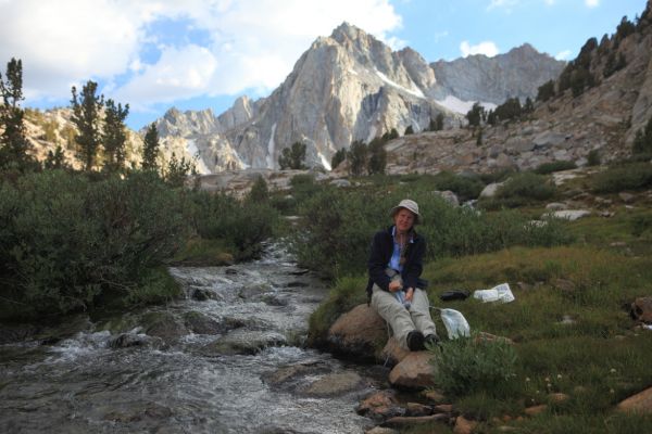 Filtering water for dinner preparation from Middle Fork Bishop Creek above Sailor Lake.
