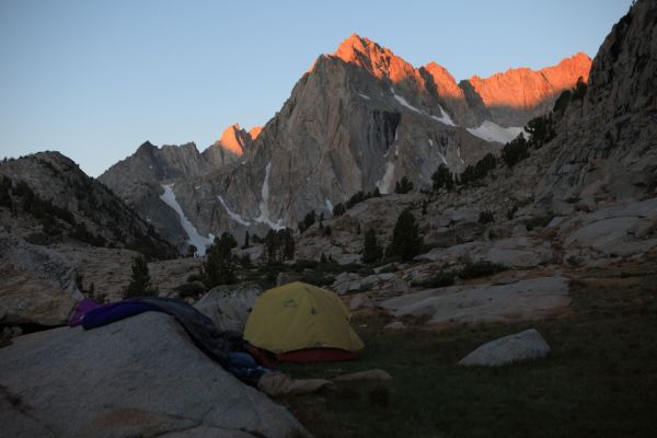 Mount Haeckel, early morning alpenglow above camp southwest of Sailor Lake.
