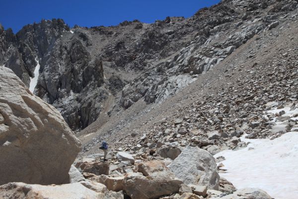 We tried to take a more direct route, making use of the most solid rock, but the rock proved steep, dirty, and exposed in places.
