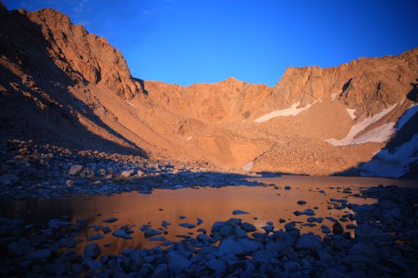 Alpenglow, looking east toward Wallace Col from west end of Lake 12021'.
