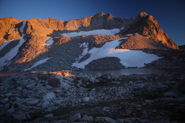 We found a fine place to set up camp at the west end of Lake 12021' as the sun was setting.  We were happy to be out of the boulders safely.
