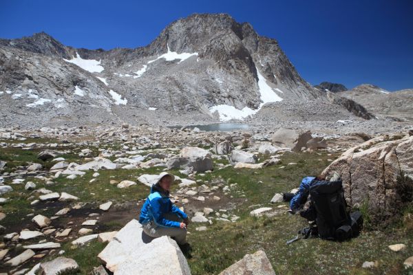 Traveling through this high alpine terrain is a delight.  We saw no one until reaching the west side of Evolution Basin.  We meandered past several lakes and tarns on the grass, avoiding most of the boulders.
