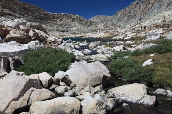 The west side of Evolution Basin looking south above Sapphire Lake.  We passed up Sapphire since it was so close to the busy John Muir Trail.  We hoped to find more solitude along a stream, or smaller lake off the trail.
