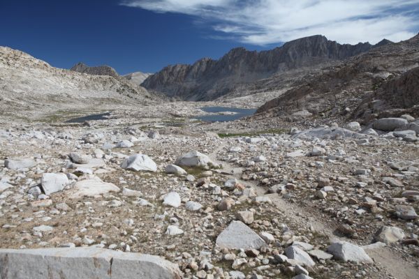 Looking north past Lake 11293' from above our camp.  We found the John Muir Trail by hiking cross country southwest.
