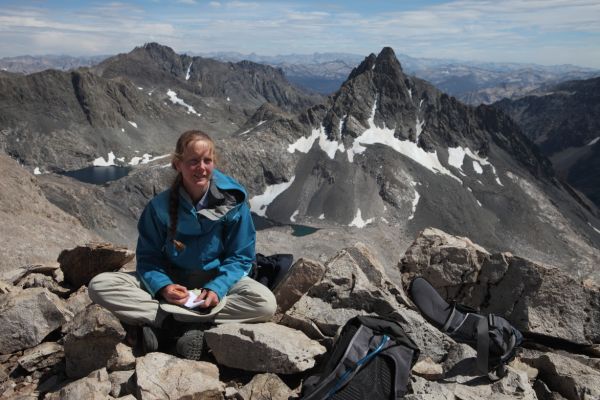 On the summit of Mt. Solomons looking south.  Charybdis juts skyward 1.4 miles south southeast.  I summited Charybdis via the Northeast Shoulder, a classic 3rd class Sierra climb September 19, 1994.
