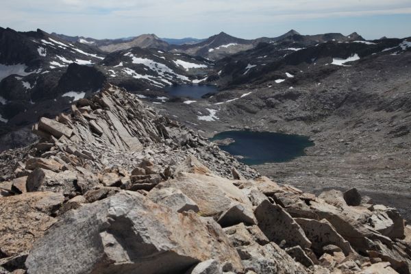 The view northwest down into Evolution Basin from the summit of Mt. Solomons.
