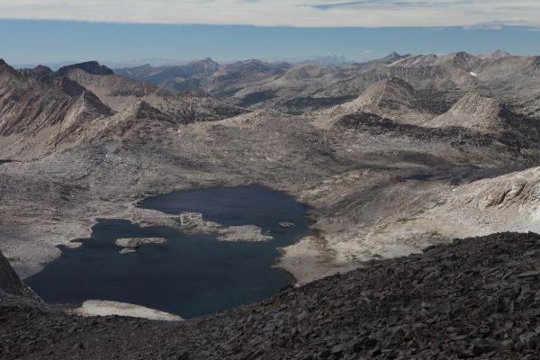 Wanda Lake from the summit of Mt. Solomons.  Our base camp is above the small lake the right (east) of the north end (most distant) of Wanda Lake.
