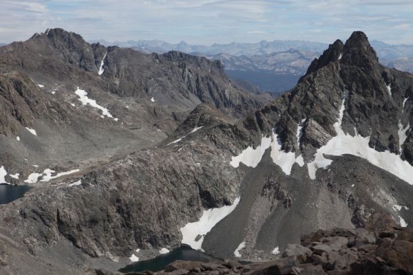 The Northeast Shoulder route on Charybdis begins at the lake on the left edge of the photo, and ascends the south side of the prominant ridge on the skyline.
