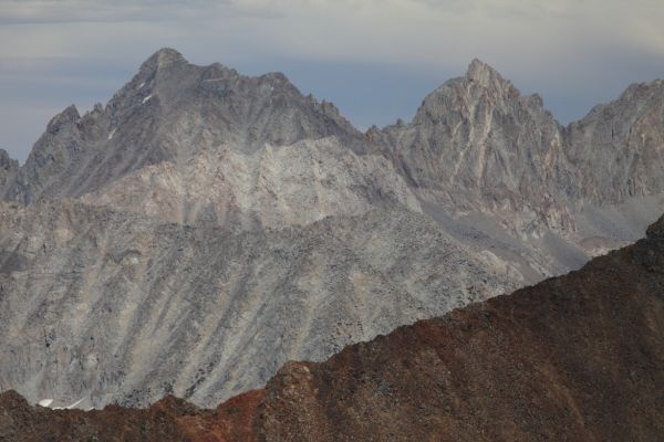 To the east, beyond the Black Divide, Mt. Agassiz (left, 13,891'), and Mt. Winchell (13775'), at the northern end of the Palisade Region, on the Sierra Crest.  In August of 1989 we were near the summit of Winchell on the 3rd class East Arete, and retreated due to thunderstorms.  The following year I climbed Agassiz with my younger brother.  In 1993, I reached the summit of Winchell via the East Arete alone.
