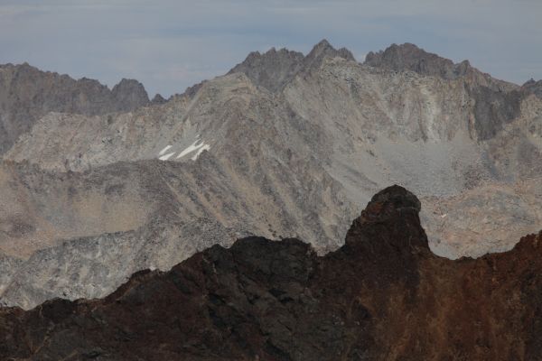 To the east, beyond the Black Divide, Mt. Johnson (left), and Mt. Goode (right, south).
