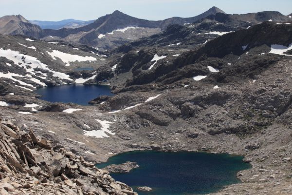 Lakes 11592 and 11837 northwest of Charybdis, Ionian Basin from the summit of Mt. Solomons.
