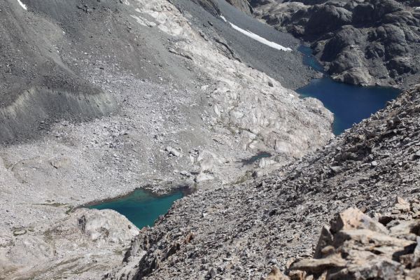 Unnamed lake at 11266' just northwest of the base of Charybdis, and Chasm Lake below and to the west in the Ionian Basin.
