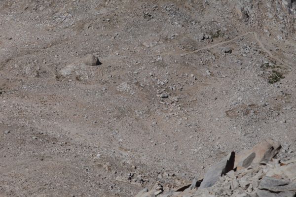 The Muir Hut on Muir Pass from the summit of Mt. Solomons.
