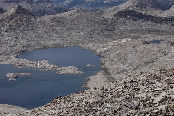 Wanda Lake from the summit of Mt. Solomons.  Our camp is hidden, between the far (north) side of Wanda Lake and the small lake to the right (east).
