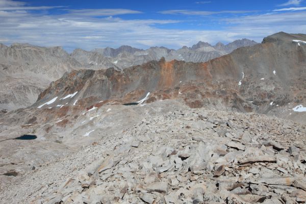 To the east, the Black Divide.  On the Sierra Crest in the distance are Mt. Johnson, Mt. Goode, Mt. Agassiz (13,891'), and Mt. Winchell (13775').
