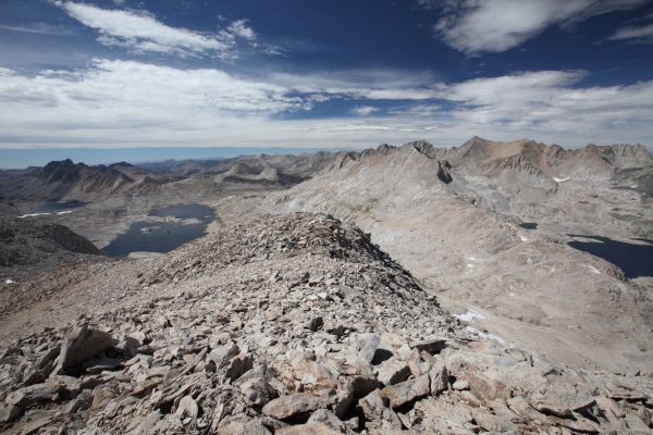 A wide angle shot looking north from the summit of Mt. Solomons.  Left to right are Davis Lake, Wanda Lake, and Helen Lake. 
