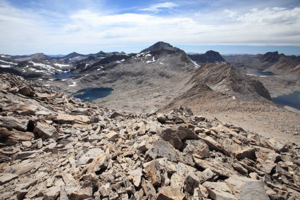 Southwest from the summit of Mt. Solomons, Mt. Reinstein above lakes 11592 and 11837 in the Ionian Basin.
